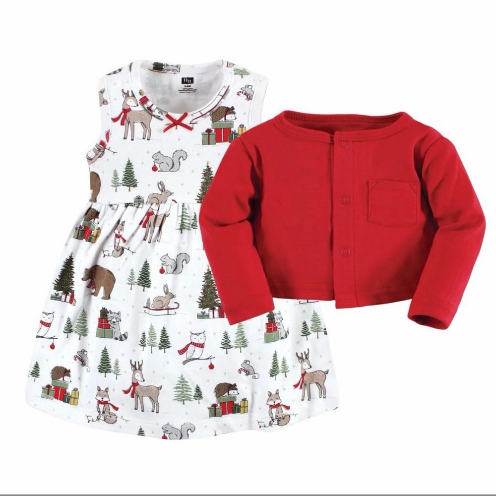 Girls Red Cardigan and Holiday Print Dress Set - Picture 4 of 6